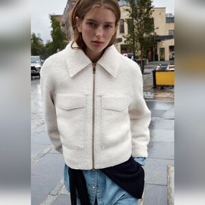 Zara Boucle Jacket With Patch Pockets Ecru (Cream White) Size Medium